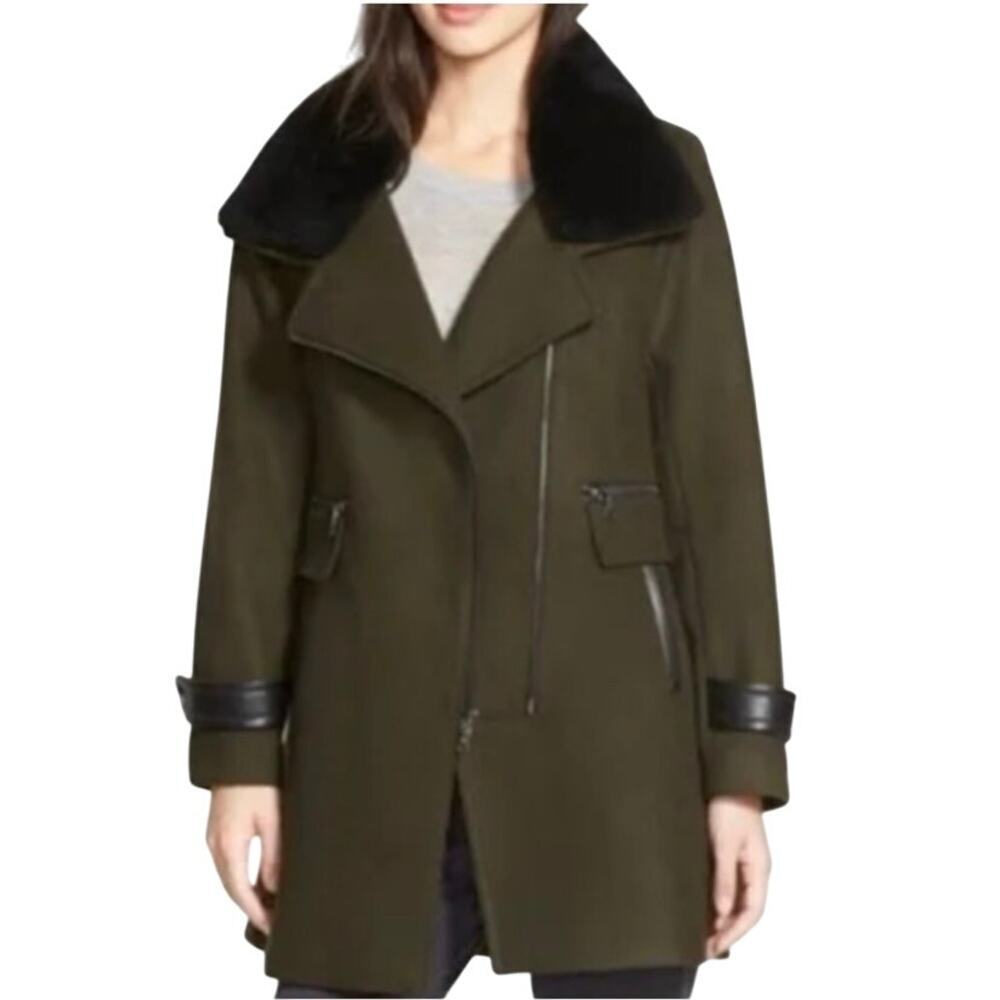 Trina Turk Aubree Wool Winter Coat Dark Olive Detachable Shearling Collar Sz 10